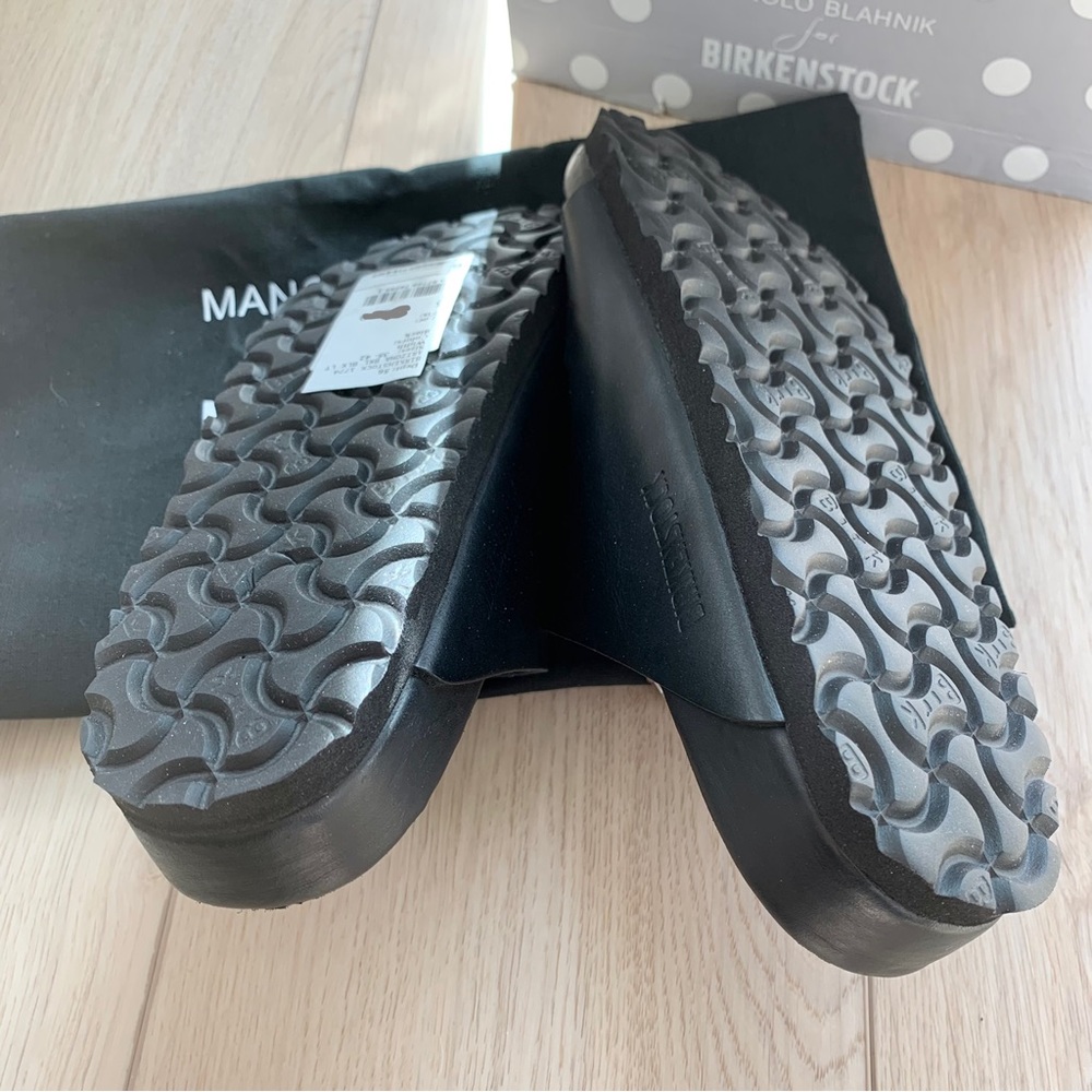 Manolo Blahnik x Birkenstock Black Leather Arizona Crystal Buckle Sandals - Picture 7 of 9